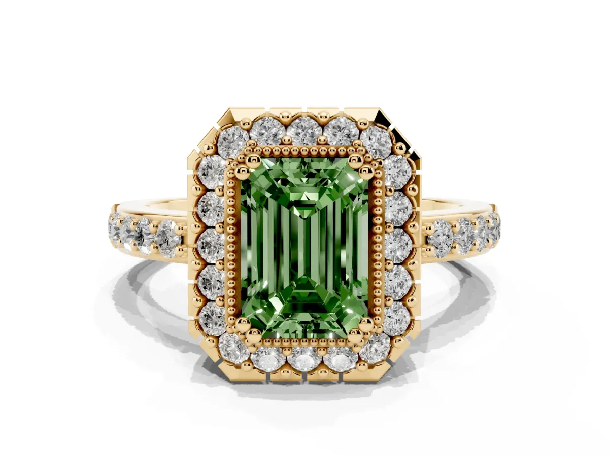 Fancy Green Emerald Cut Diamond Halo Ring with Pavé Band and Prong Setting Yellow gold
