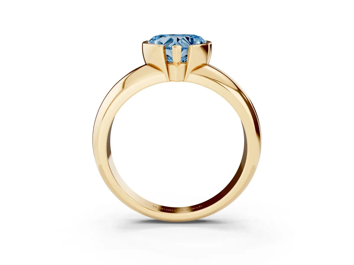 Fancy Blue Heart Cut Solitaire Tension Set Diamond Ring with Wide Band Yellow gold