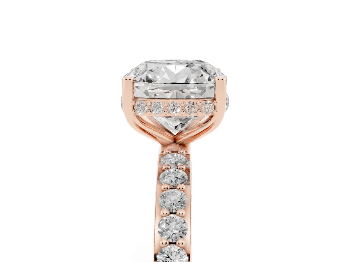 Cushion Cut Diamond Solitaire Ring with Pavé Band and Hidden Halo Rose gold