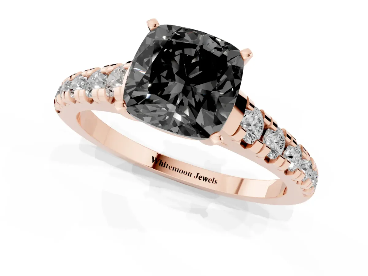 Fancy Black Cushion Cut Diamond Cathedral Solitaire Ring with Round Pavé Band Rose gold