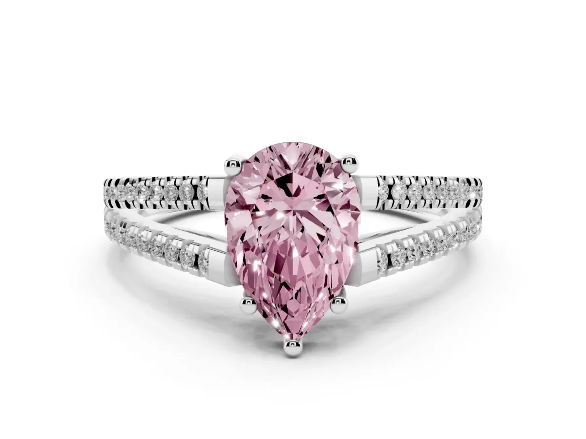Fancy Pink Pear Cut Diamond Solitaire Engagement Ring with Split Shank Pavé Band Silver