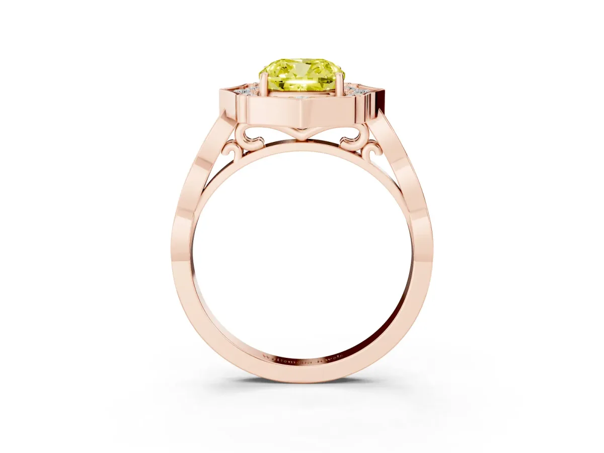 Fancy Yellow Cushion Cut Halo Diamond Engagement Ring with Milgrain Band and Four-Prong Setting Rose gold