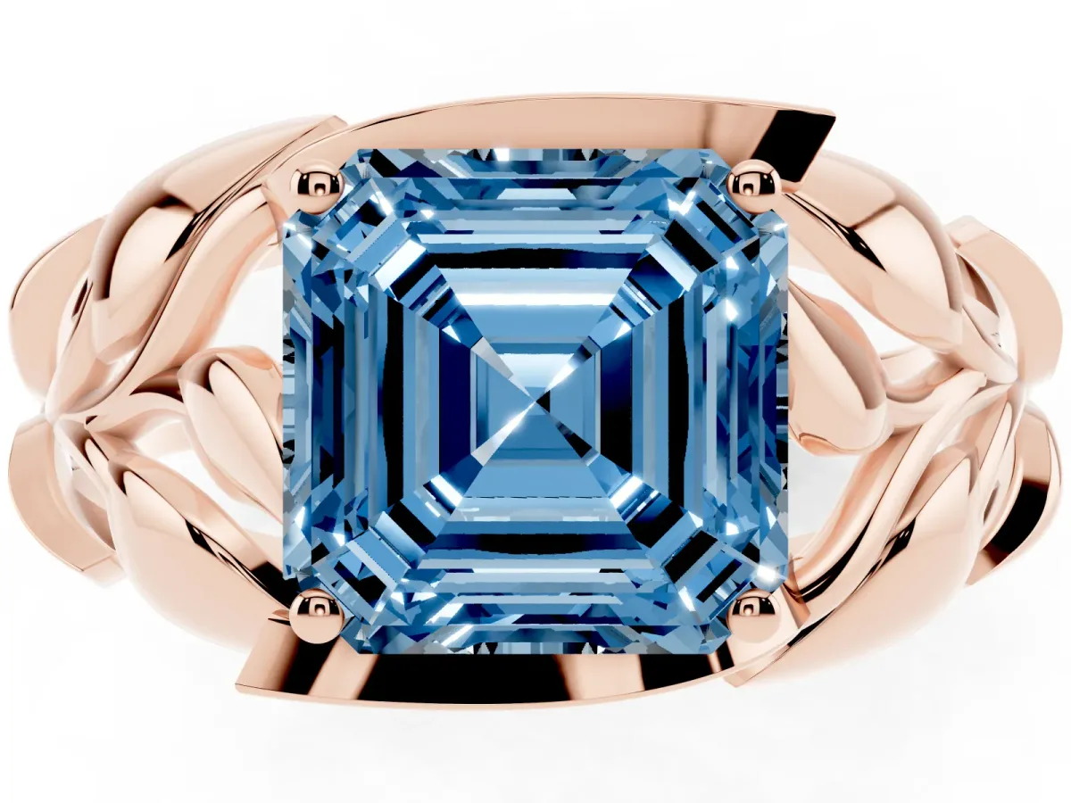 Fancy Blue Asscher Cut Diamond Leaf-Inspired Engagement Ring with Round Accents and Prong Setting Rose gold
