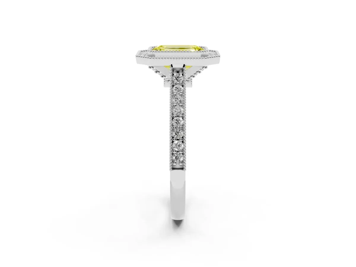 Fancy Yellow Halo Emerald Cut-Cut Diamond Pave Band Milgrain Prong Setting Ring Silver