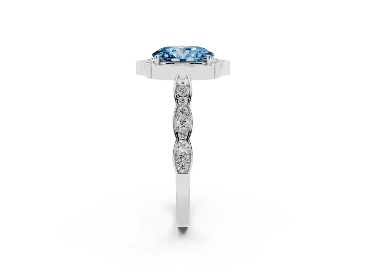 Fancy Blue Oval Cut Halo Diamond Engagement Ring with Milgrain Band and Four-Prong Setting White gold