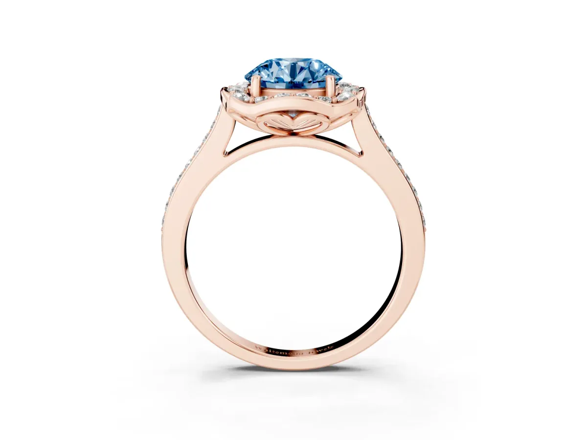 Fancy Blue Round Cut Halo Round Diamond Pave Band with Four-Prong Setting Rose gold
