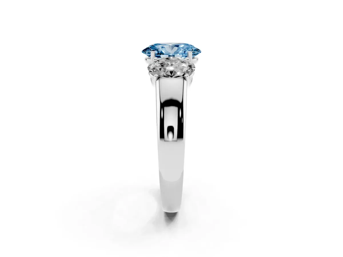 Fancy Blue Three-Stone Oval Cut Cut Diamond Ring with Prong Setting and Classic Band Silver