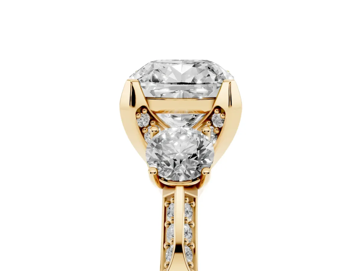 Cushion Cut Brilliant Three-Stone Diamond Ring with Pavé Band and Four-Prong Setting Yellow gold