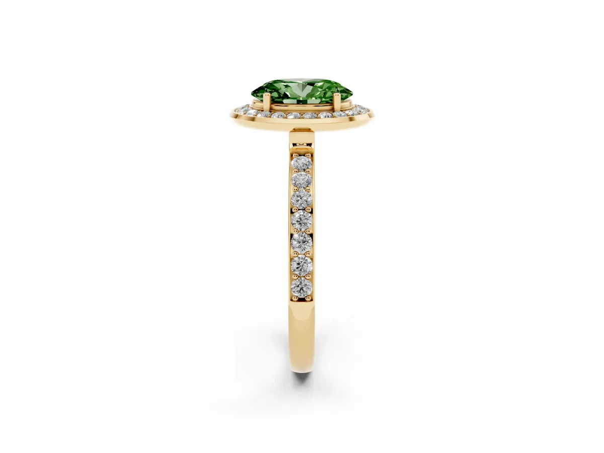 Fancy Green Oval Cut Diamond Halo Ring with Bezel Frame and Pavé Band Yellow gold