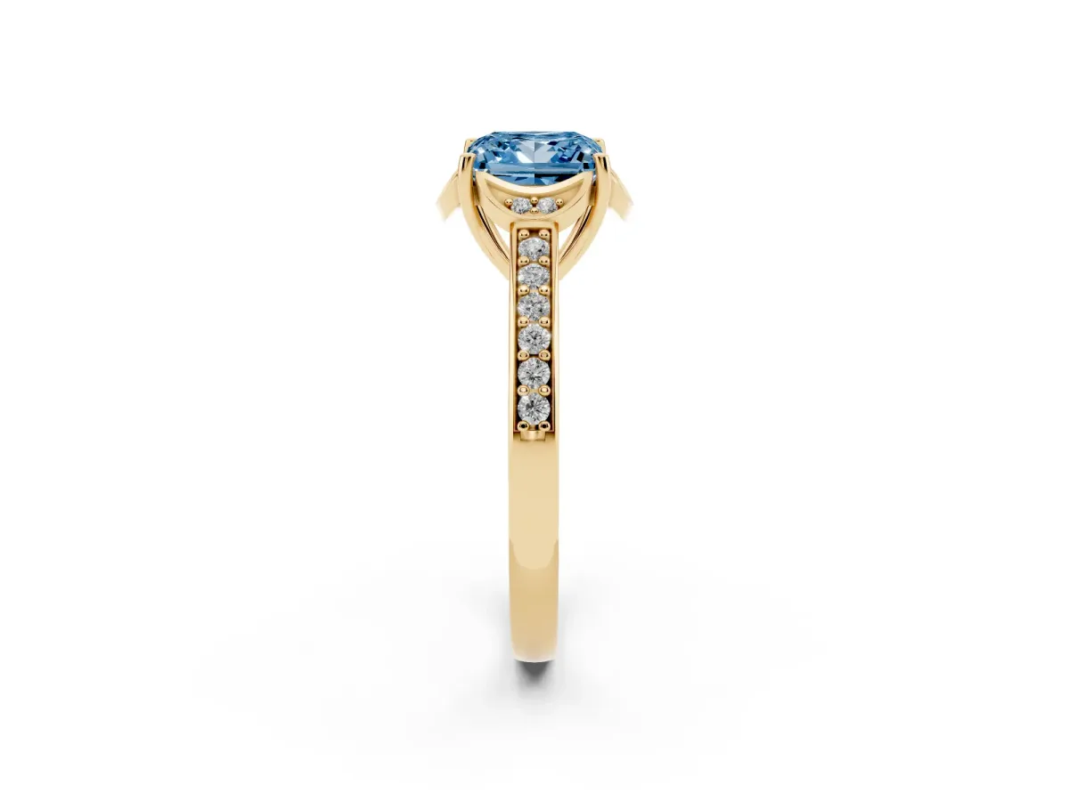 Fancy Blue Princess Cut Cut Halo Diamond Ring with Channel Set Band and Four-Prong Setting Yellow gold