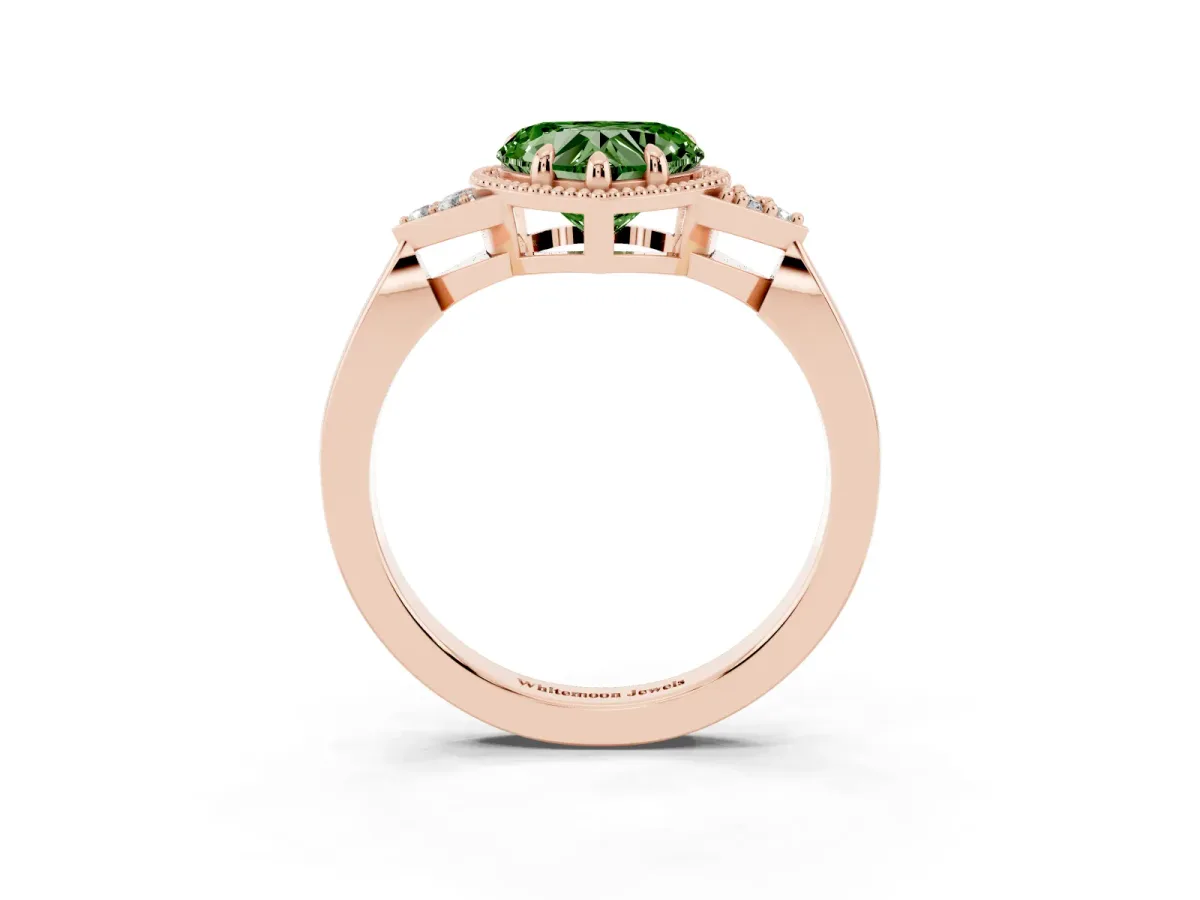 Fancy Green Milgrain Heart Cut Cut Diamond Ring with Tapered Pave Band and Four Prong Setting Rose gold