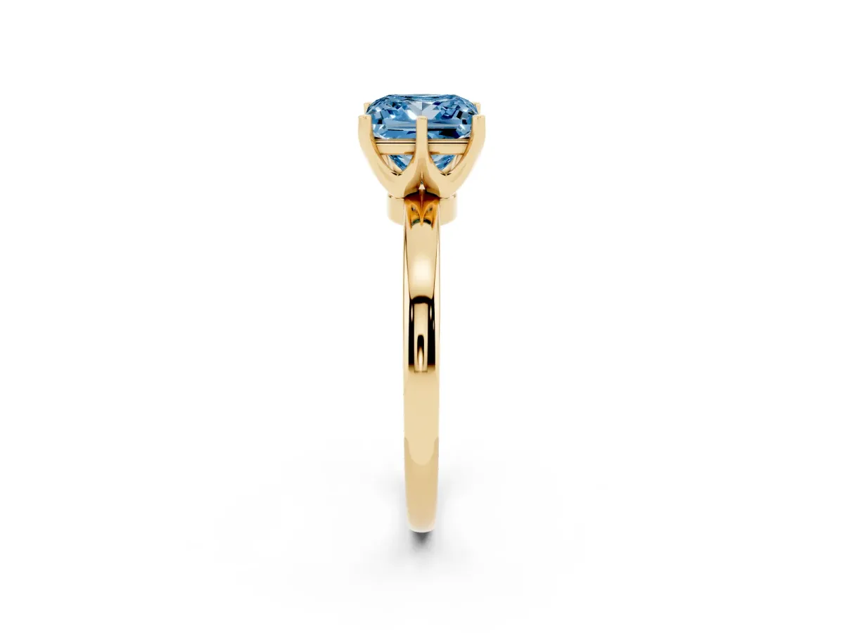 Fancy Blue Princess Cut Solitaire Diamond Ring with Six-Prong Setting on a Classic Band Yellow gold