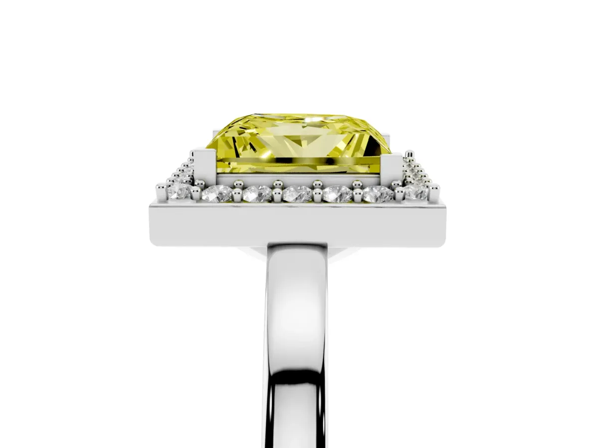 Fancy Yellow Princess Cut Halo Diamond Ring with Solitaire Band and Prong Setting Silver