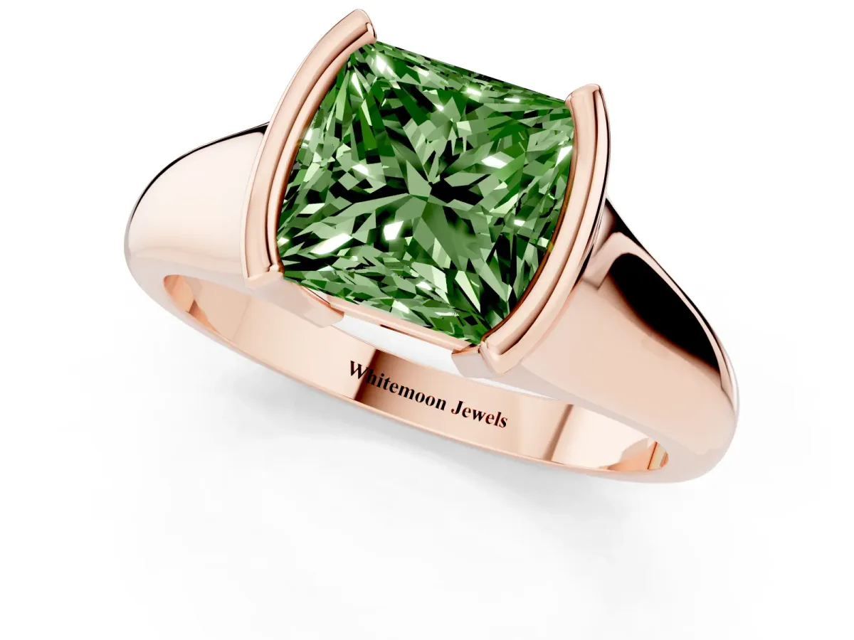 Fancy Green Princess Cut Solitaire Tension Set Diamond Ring with Split Shank Band Rose gold