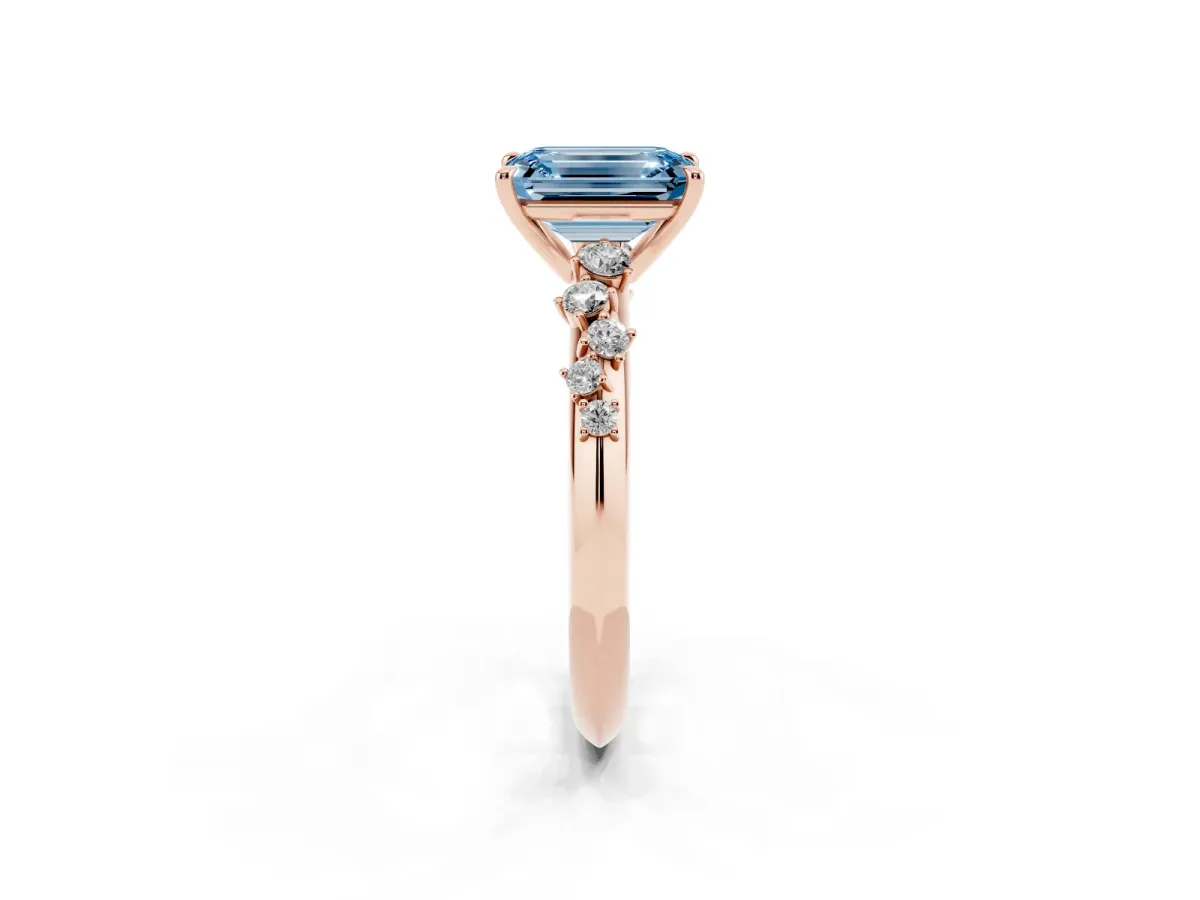 Fancy Blue Emerald Cut Diamond Cluster Side Stone Solitaire Ring with Prong Setting Rose gold