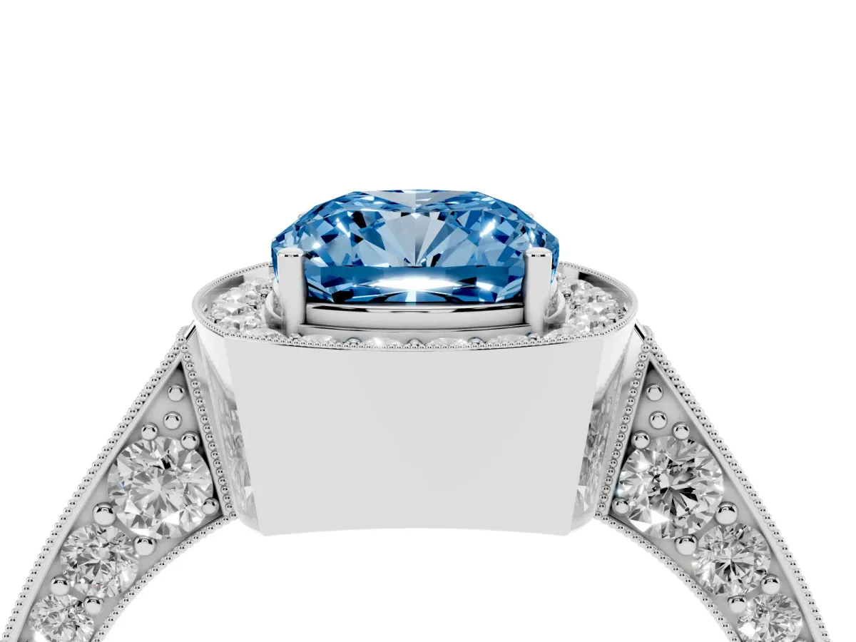 Fancy Blue Cushion Cut Halo Diamond Engagement Ring with Split Shank Band and Four-Prong Setting Silver