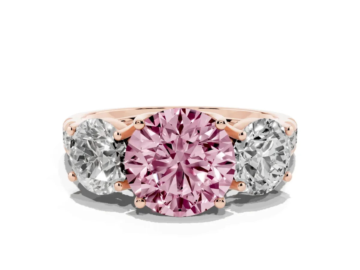 Fancy Pink Three-Stone Round Cut Diamond Pavé Band with Prong Setting Rose gold