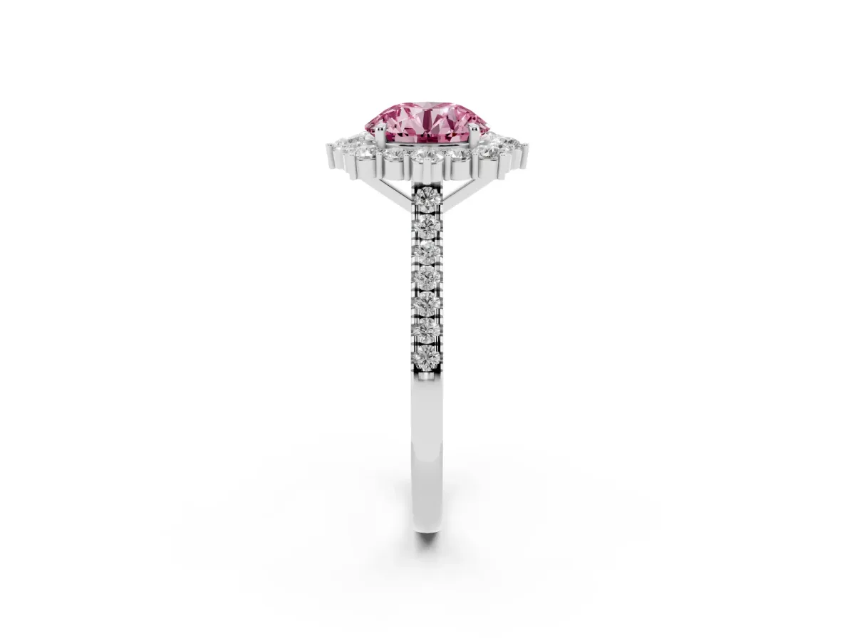 Fancy Pink Round Cut Halo Diamond Ring with Pavé Band and Prong Setting Silver