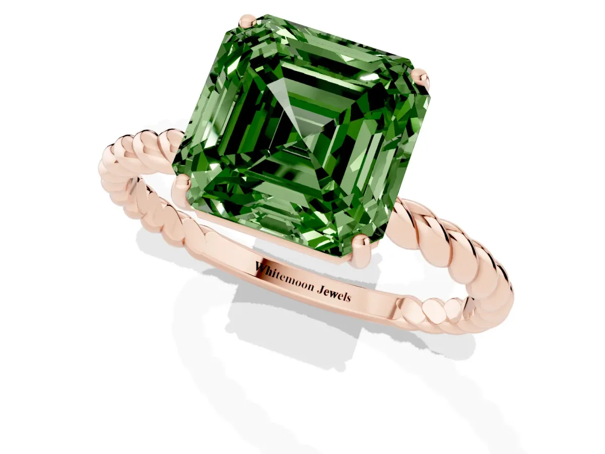 Fancy Green Asscher Cut Solitaire Twisted Band 4-Prong Ring Rose gold