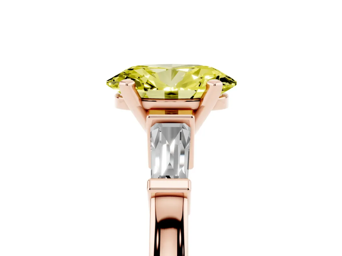 Fancy Yellow Oval Cut Cut Diamond Solitaire Ring with Tapered Baguette Accents and Four-Prong Setting Rose gold