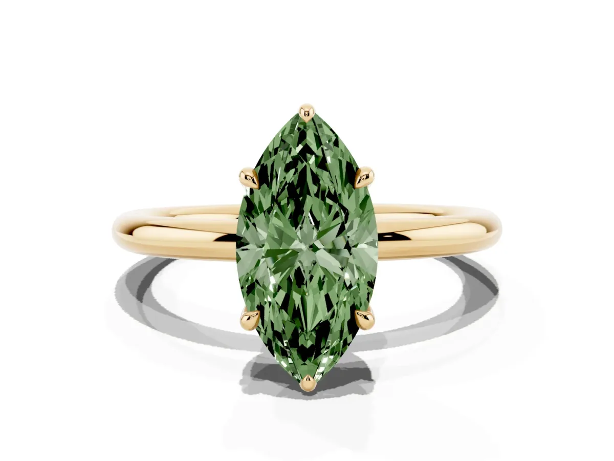 Fancy Green Marquise Cut Diamond Solitaire Ring with Thin Band and Four-Prong Setting Yellow gold
