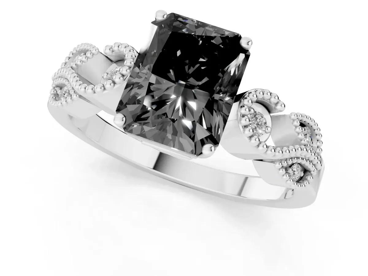 Fancy Black Princess Cut Solitaire Milgrain Leaf Band with Prong Setting Platinum