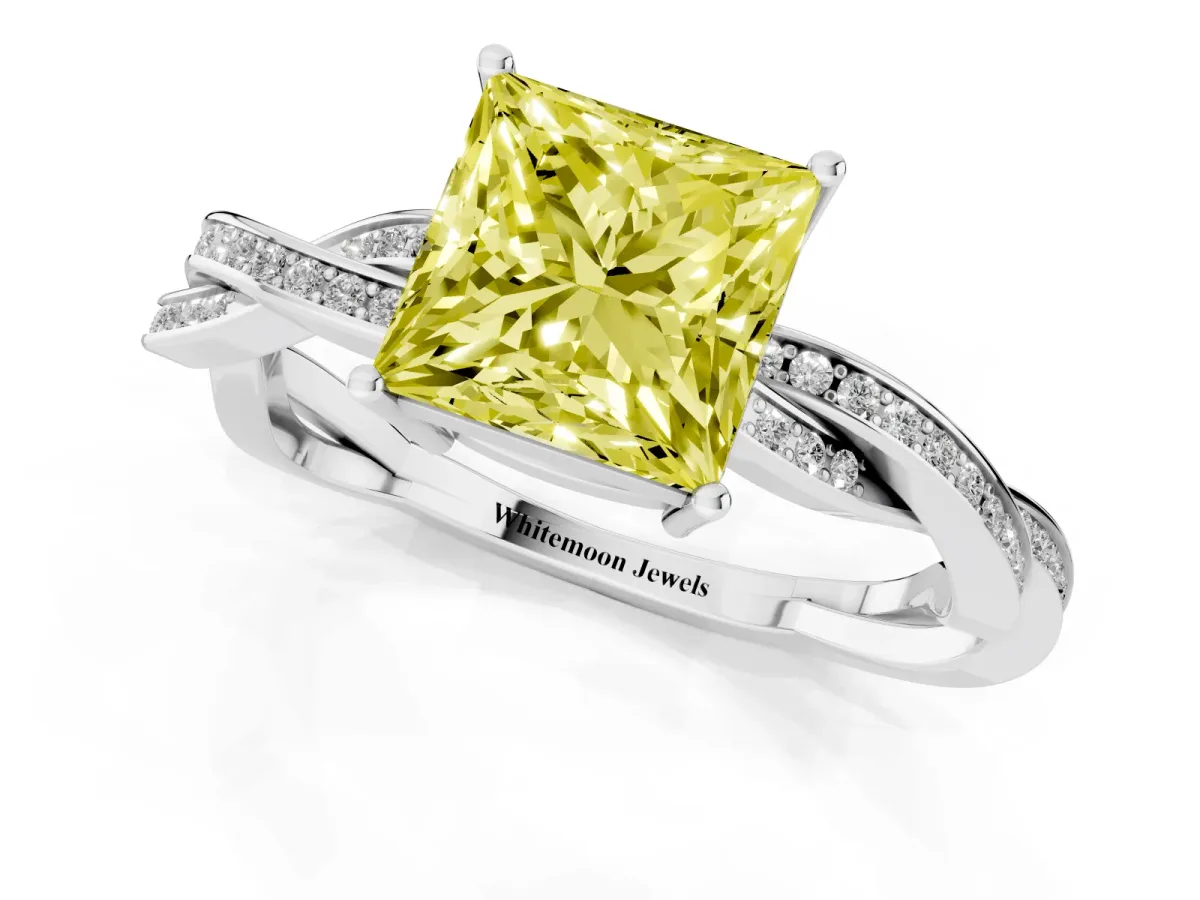 Fancy Yellow Princess Cut Solitaire Twisted Pave Diamond Ring with Four-Prong Setting Silver