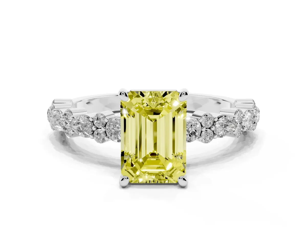 Fancy Yellow Emerald Cut Diamond Side Stone Solitaire Ring with Round and Four-Prong Setting Platinum