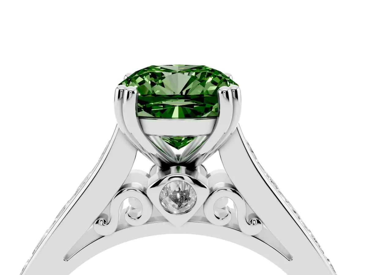 Fancy Green Cushion Cut Cut Channel Set Solitaire Engagement Ring with Prong Setting Silver