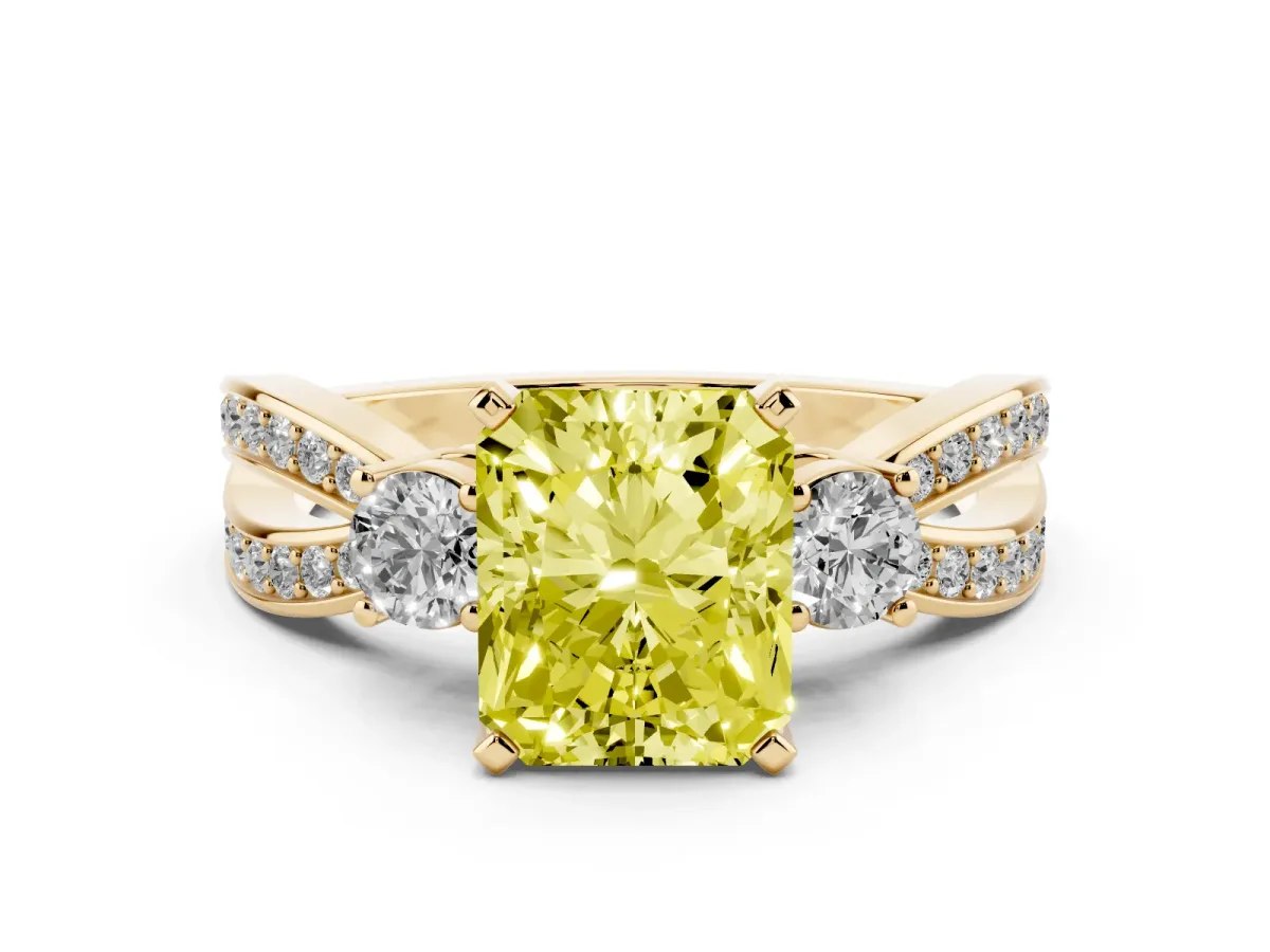 Fancy Yellow Three-Stone Radiant Cut Cut Diamond Twist Band with Prong Setting Yellow gold