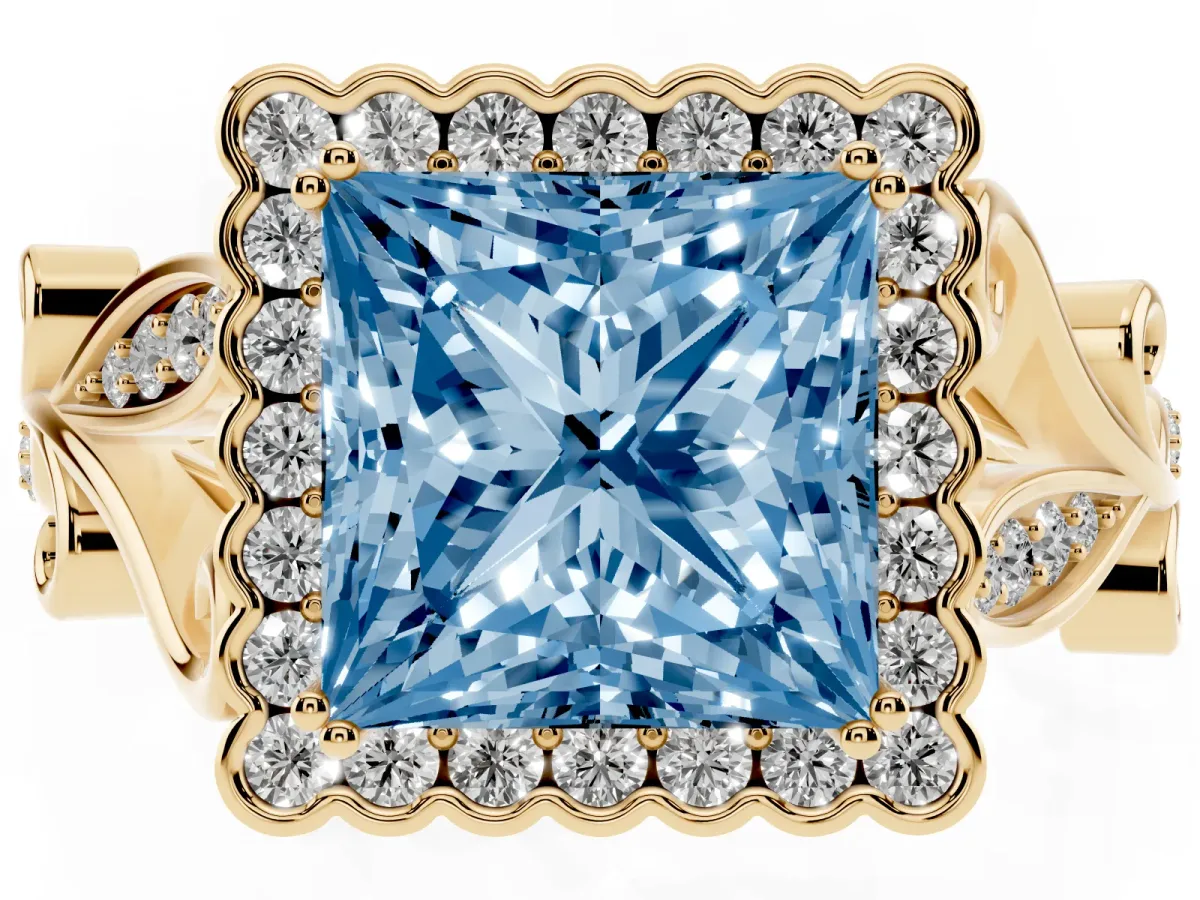 Fancy Blue Princess Cut Diamond Halo Ring with Vintage Split Shank and Four-Prong Setting Yellow gold
