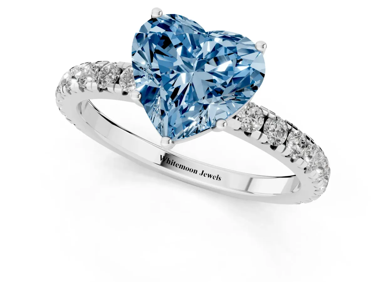 Fancy Blue Heart Cut Diamond Pavé Solitaire Engagement Ring with Four-Prong Setting Silver