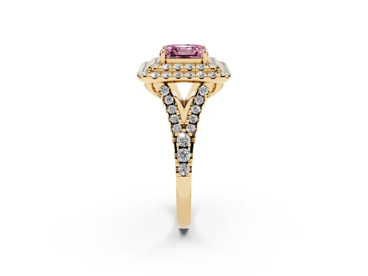 Fancy Pink Double Halo Asscher Cut Diamond Pavé Split Shank Ring with Prong Setting Yellow gold