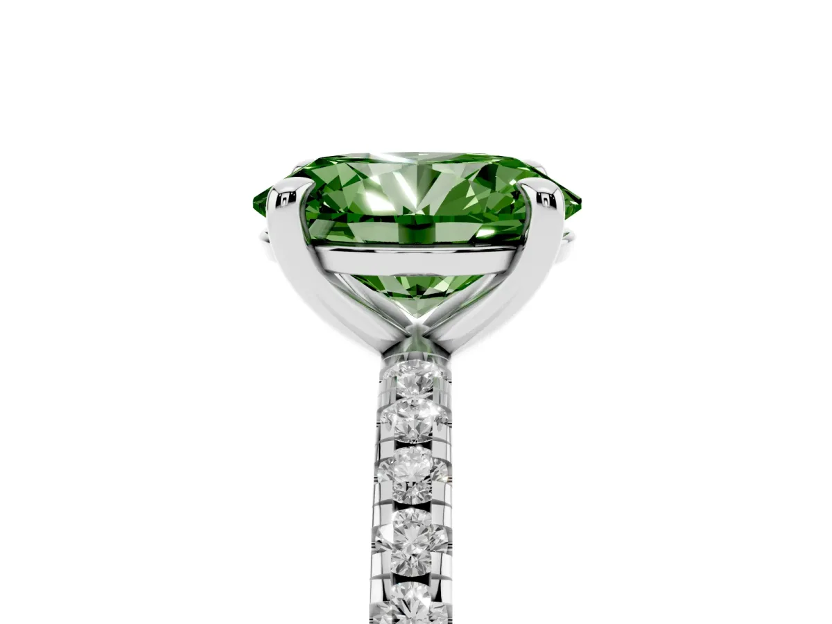 Fancy Green Oval Cut Diamond Brilliant Solitaire Ring with Pavé Band and Four-Prong Setting Platinum