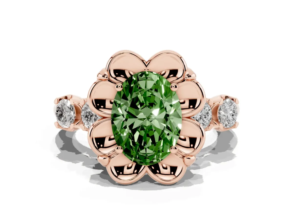 Fancy Green Oval Cut Cut Diamond Floral Halo Engagement Ring with Shared Prong Setting Rose gold