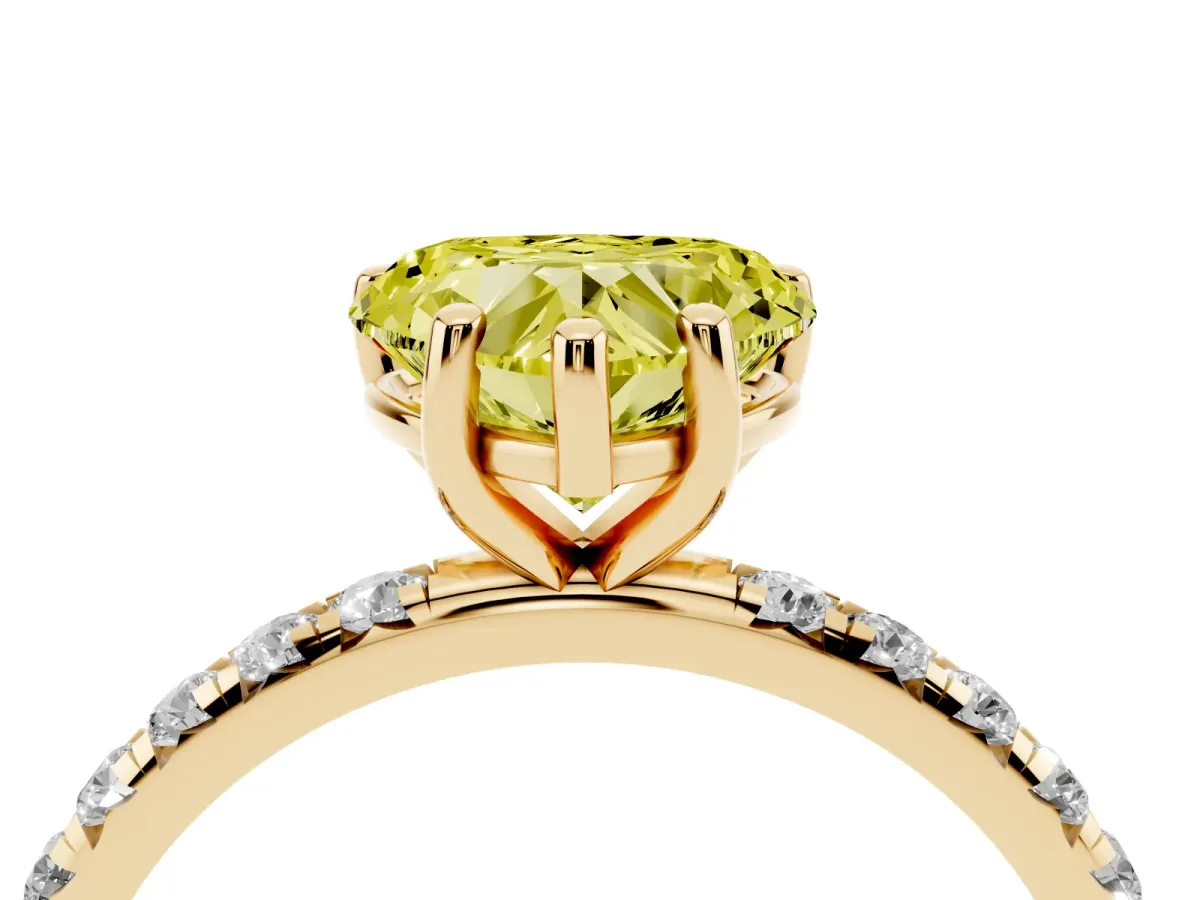 Fancy Yellow Heart Cut Cut Diamond Solitaire Ring with Micro Pave Band and Four Prong Setting Yellow gold