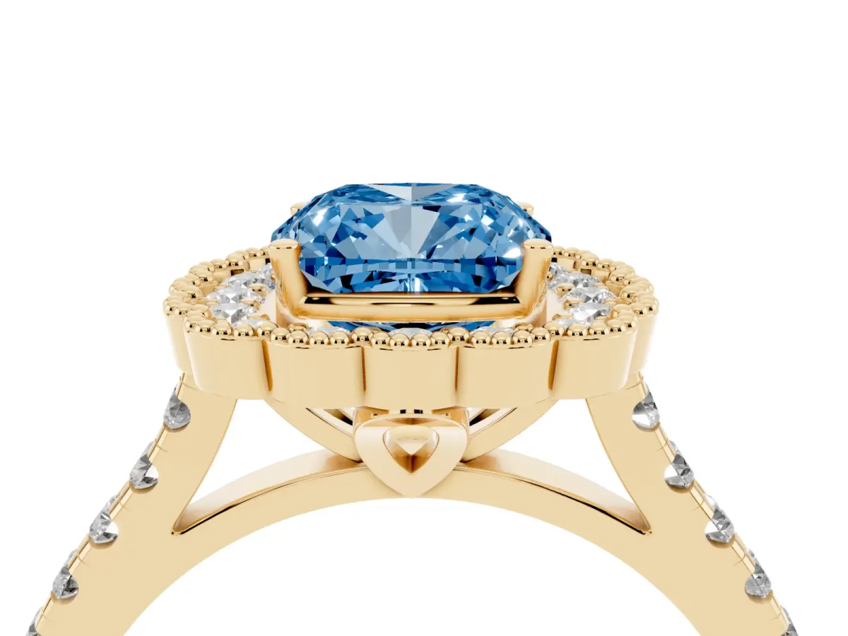 Fancy Blue Cushion Cut Cut Diamond Milgrain Floral Halo Engagement Ring with Pavé Band Yellow gold