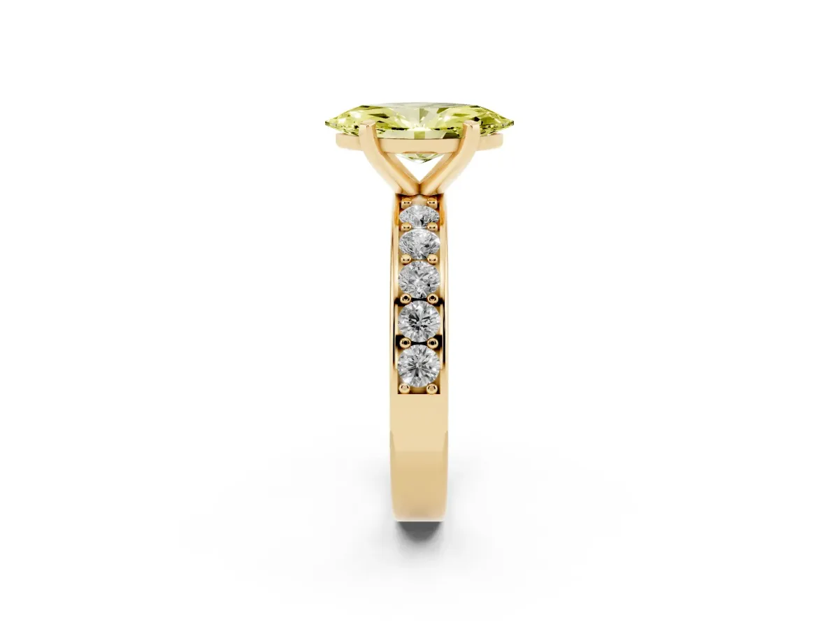 Fancy Yellow Marquise Cut Diamond Engagement Ring with Channel Set Round Band and Prong Setting Yellow gold