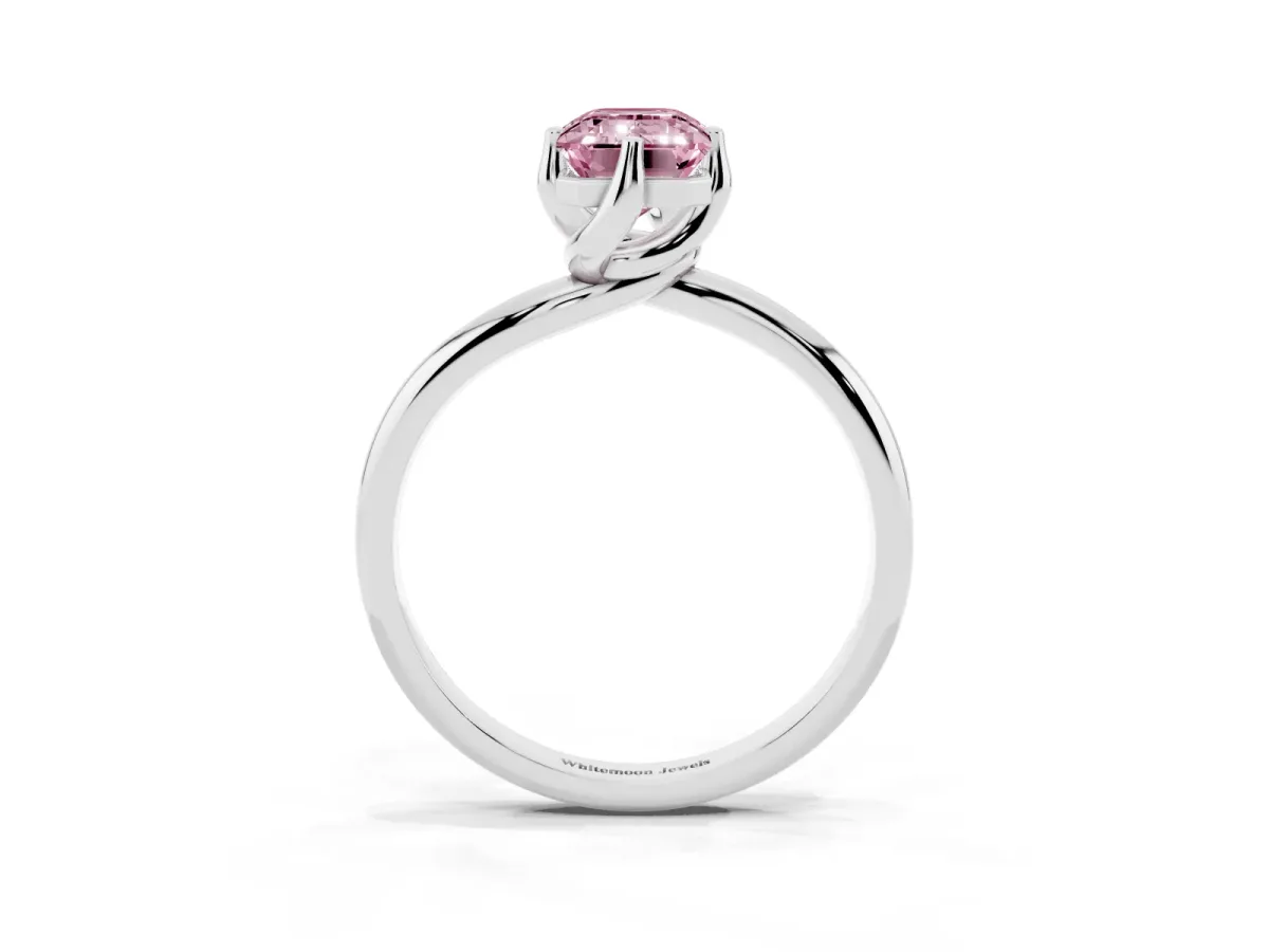Fancy Pink Emerald Cut Diamond Solitaire Engagement Ring with Four-Prong Setting and Classic Band Silver