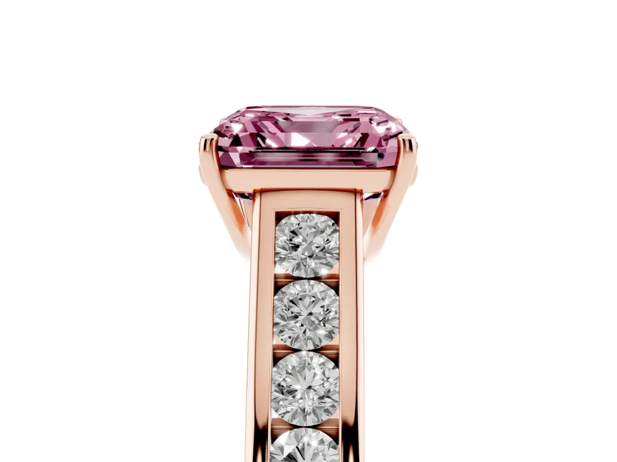Fancy Pink Asscher Cut Brilliant Channel-Set Solitaire Ring with Four-Prong Setting Rose gold