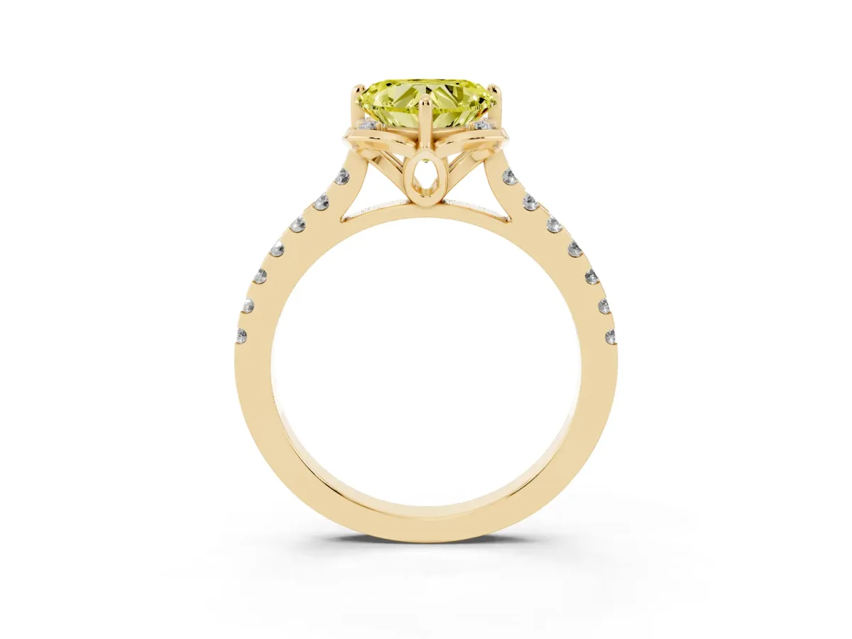 Fancy Yellow Heart Cut Diamond Ring with Pavé Band and Floral Prong Setting Yellow gold