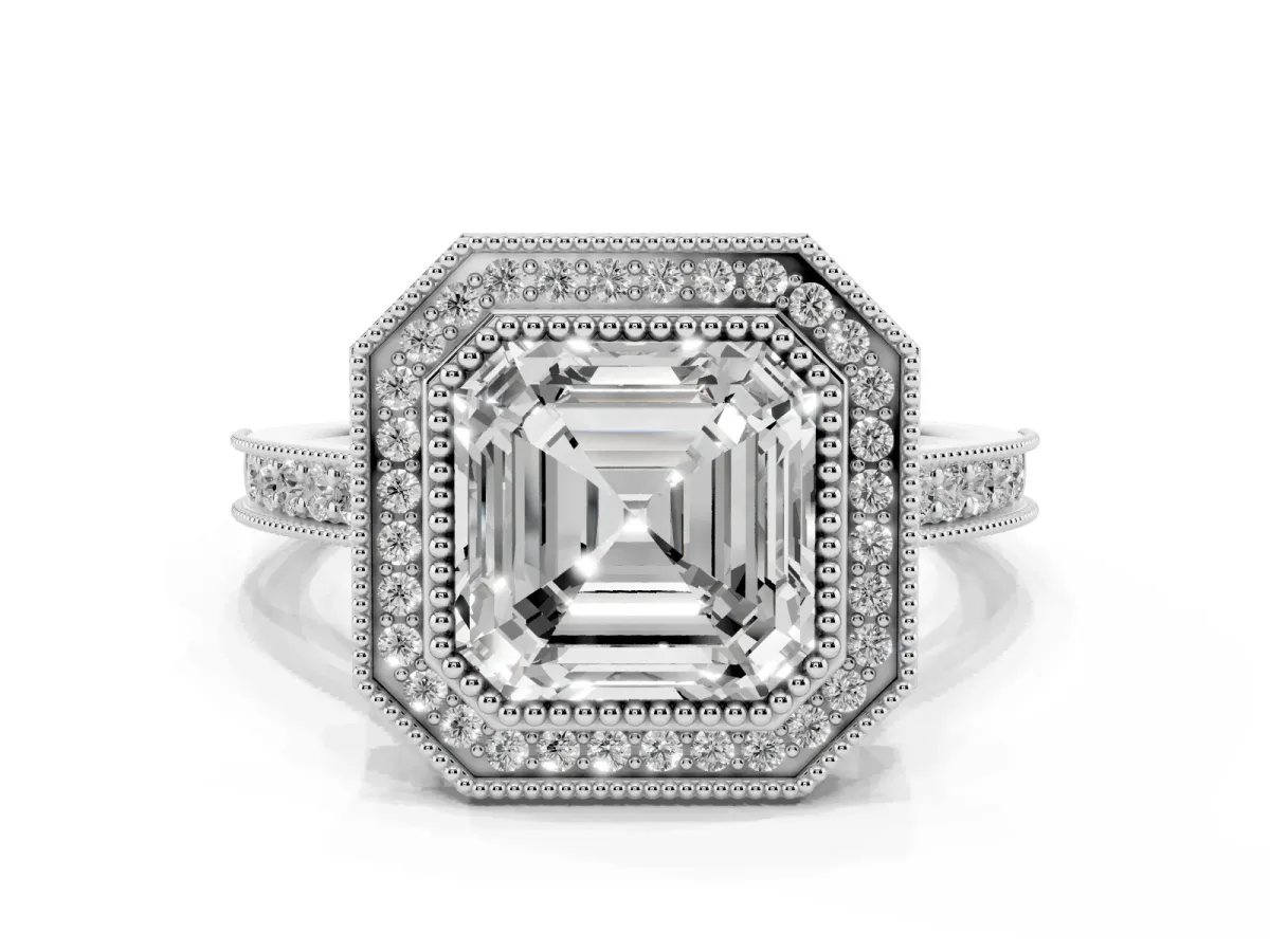 Halo Asscher Cut-Cut Diamond Pave Band Milgrain Prong Setting Ring Silver