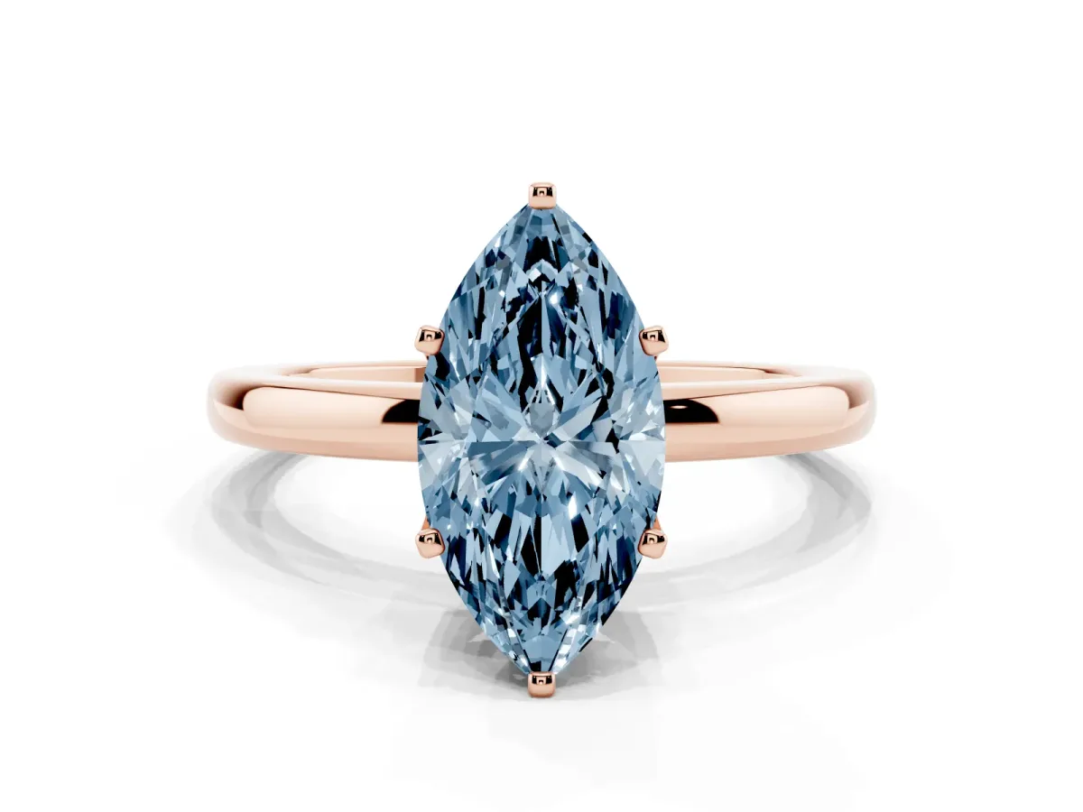 Fancy Blue Marquise Cut Solitaire Diamond Ring with Six-Prong Setting on a Classic Band Rose gold
