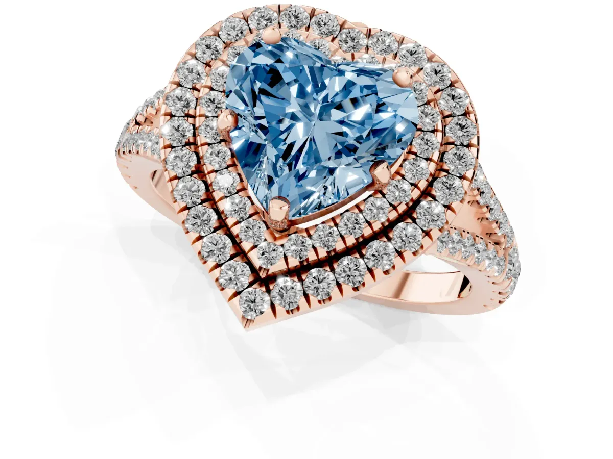Fancy Blue Heart Cut Diamond Double Halo Ring with Pavé Band and Prong Setting Rose gold