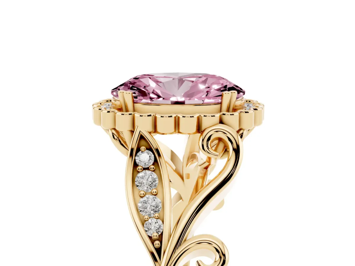 Fancy Pink Oval Cut Diamond Halo Ring with Vintage Split Shank and Four-Prong Setting Yellow gold