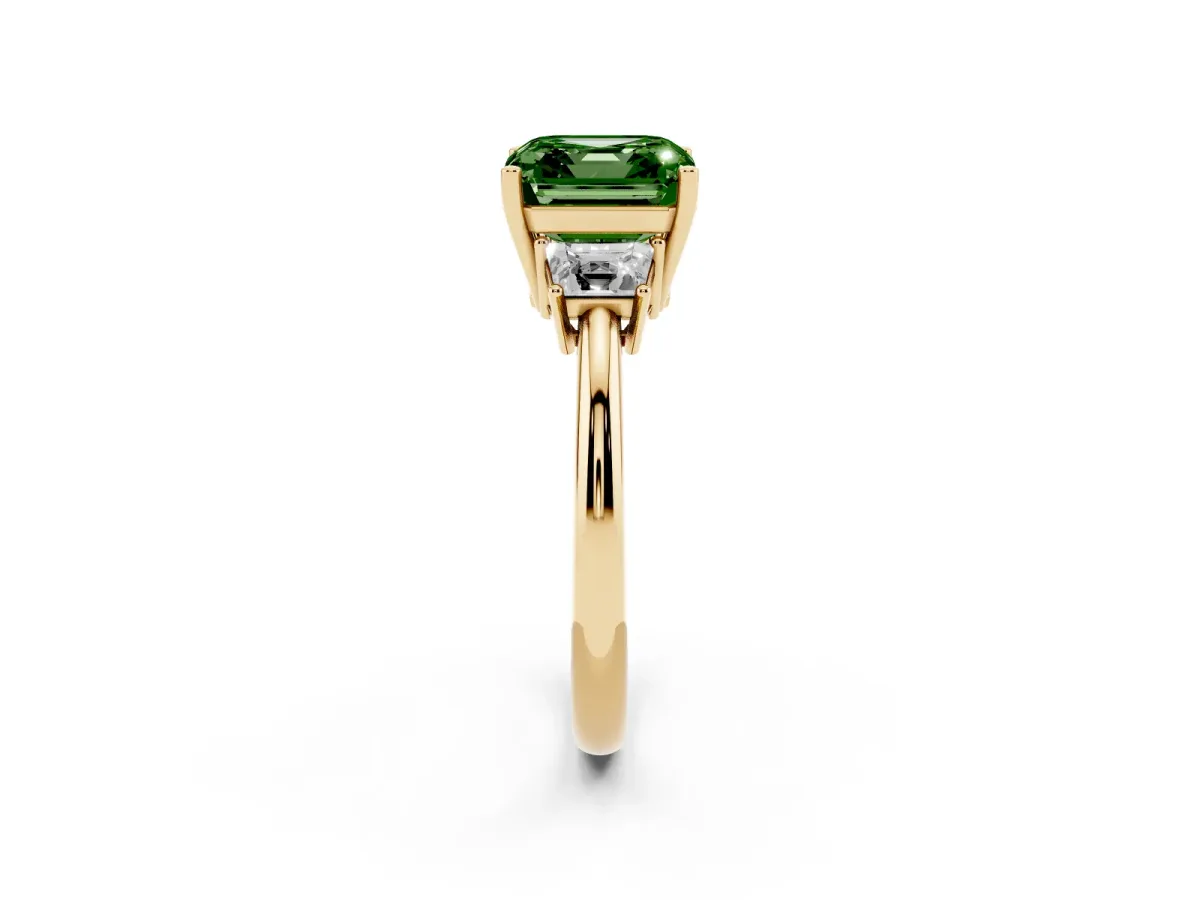 Fancy Green Asscher Cut Diamond Three-Stone Ring with Trapezoid Side Stones and Prong Setting Yellow gold