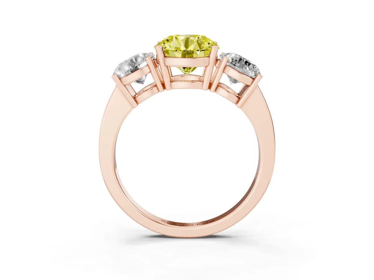 Fancy Yellow Three-Stone Round Cut Cut Diamond Engagement Ring with Flat Band and Four-Prong Setting Rose gold