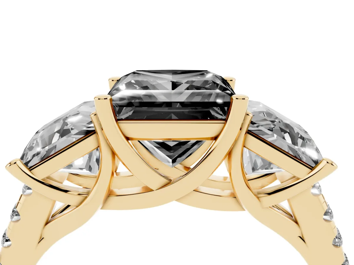 Fancy Black Three-Stone Princess Cut Diamond Ring with Round Pavé Band and Prong Setting Yellow gold
