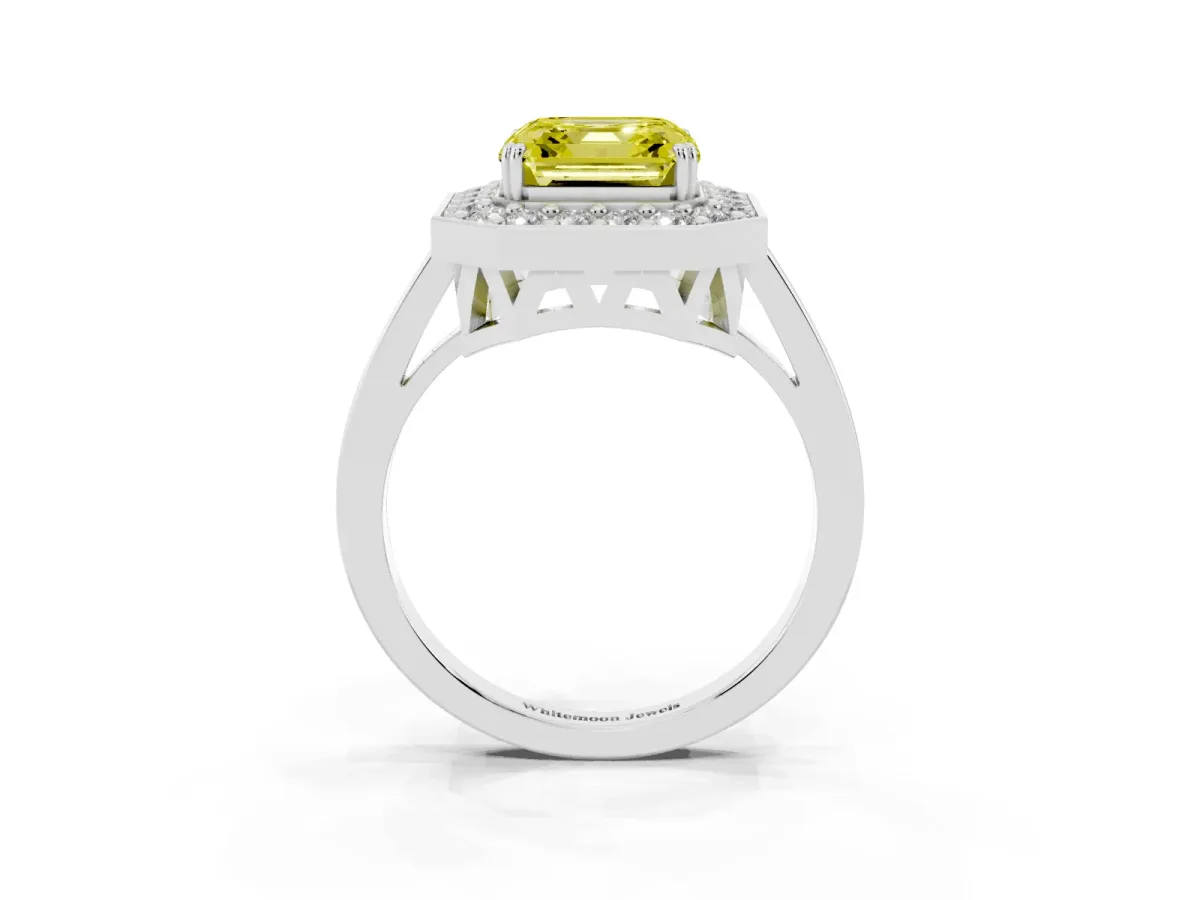 Fancy Yellow Asscher Cut Diamond Halo Ring with Split Shank and Four-Prong Setting Silver