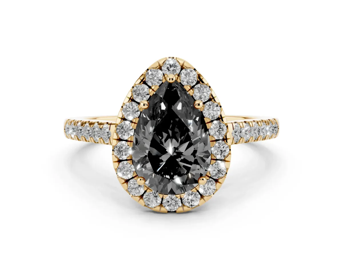 Fancy Black Pear Cut Halo Pave Diamond Engagement Ring with Four-Prong Setting Yellow gold